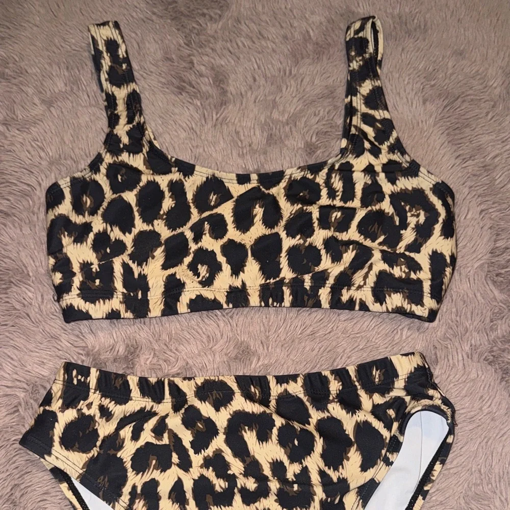 Leopard Print Bikini Set Hi-cut Bottoms Animal Print Swimsuit Black Tan Small - Picture 3 of 8